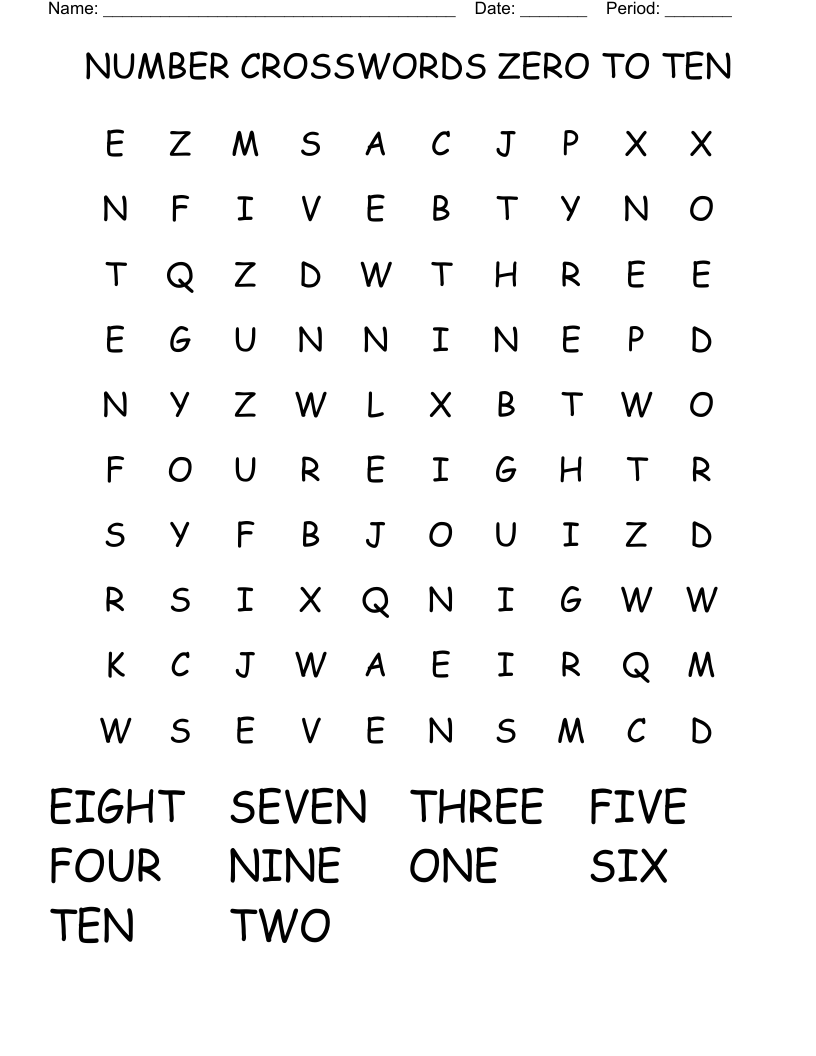 NUMBER CROSSWORDS ZERO TO TEN Word Search
