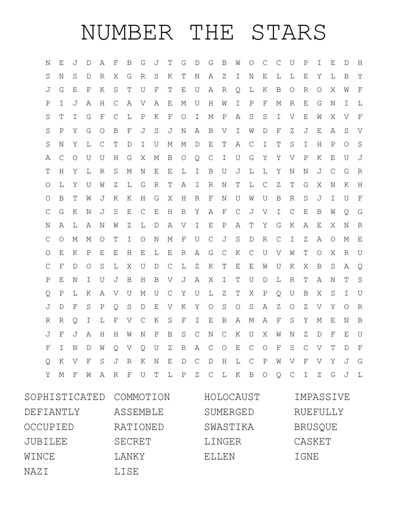 NUMBER THE STARS Word Search