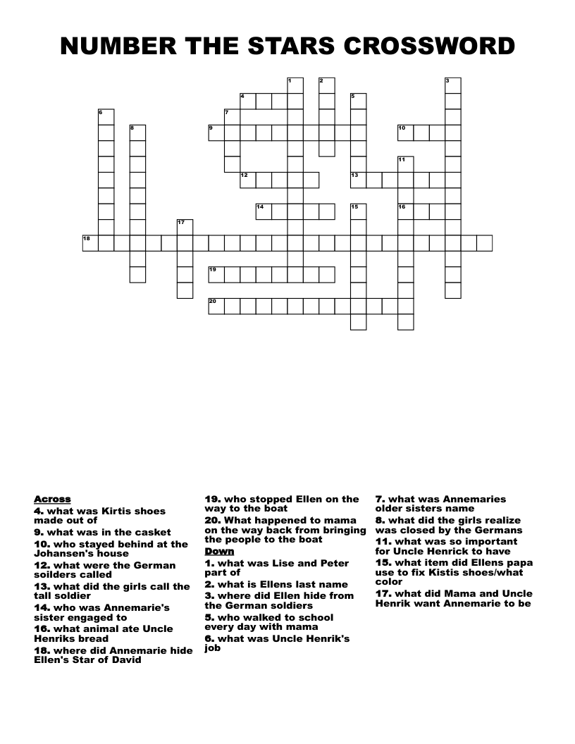 NUMBER THE STARS CROSSWORD