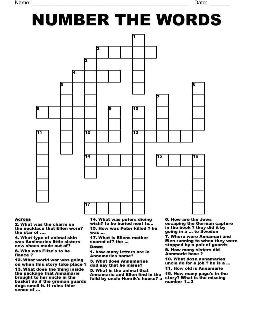 NUMBER THE WORDS  Crossword
