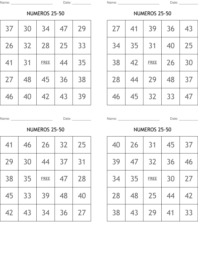 NUMEROS 25-50 Bingo Cards