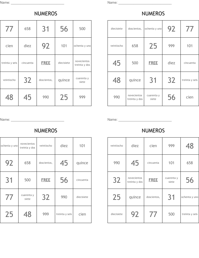 NUMEROS Bingo Cards