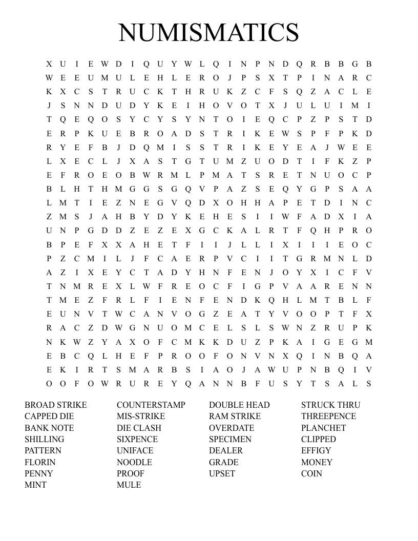 NUMISMATICS Word Search