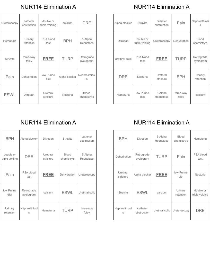 NUR114 Elimination A Bingo Cards
