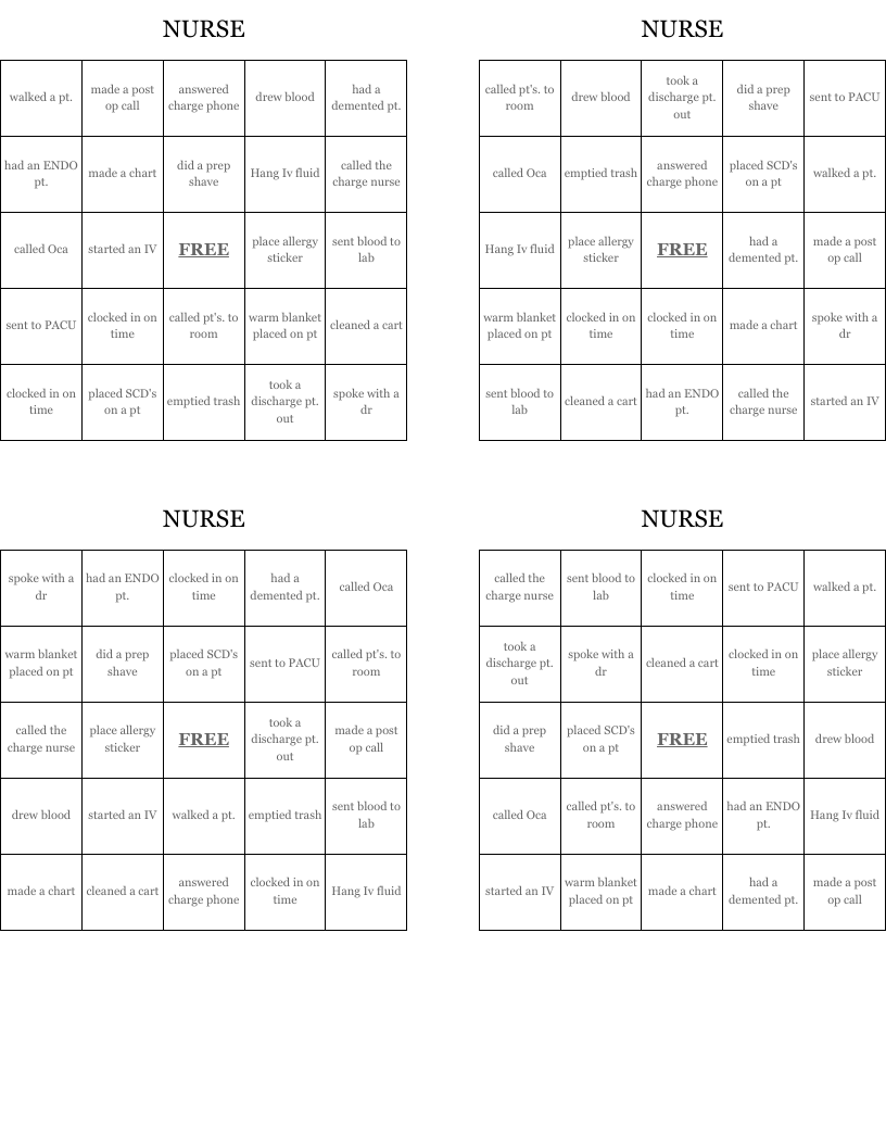 NURSE Bingo Cards