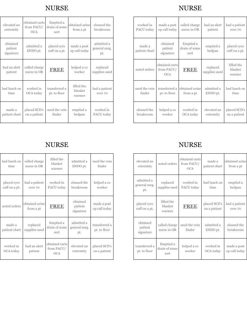 NURSE Bingo Cards