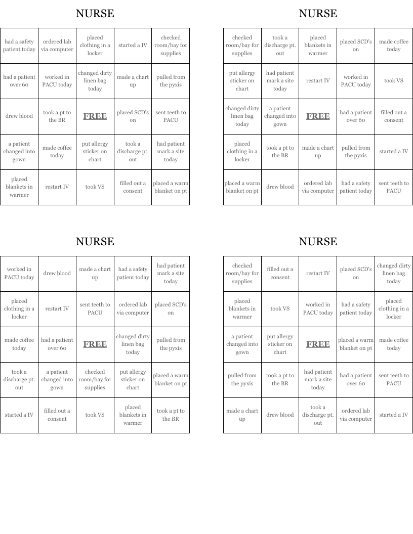 NURSE Bingo Cards