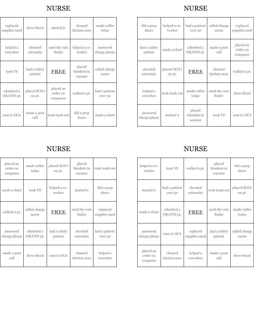 NURSE Bingo Cards