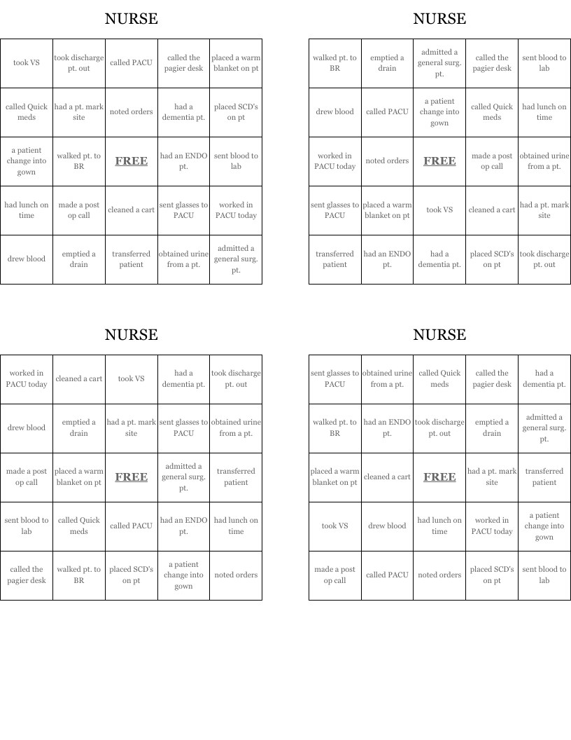 NURSE Bingo Cards