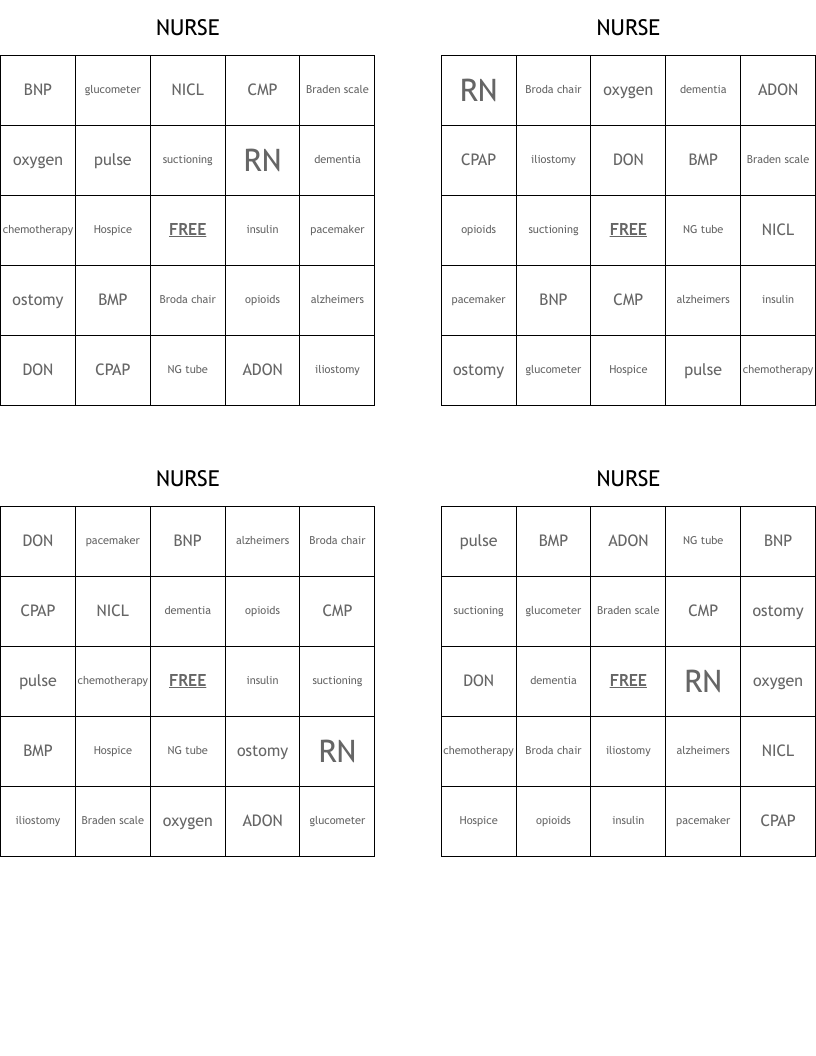 NURSE Bingo Cards