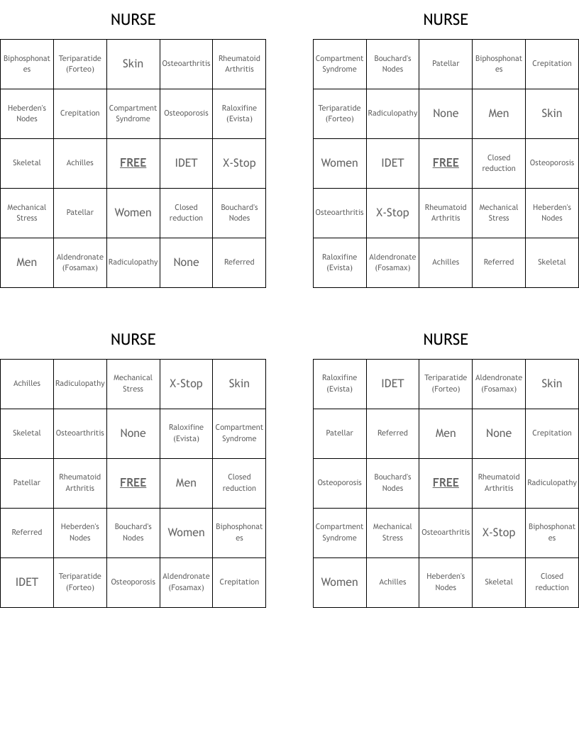 NURSE Bingo Cards