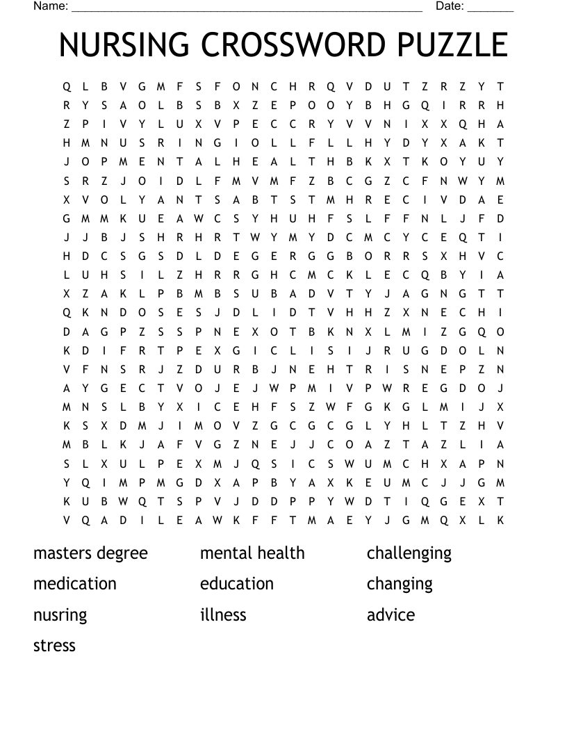 NURSING CROSSWORD PUZZLE Word Search
