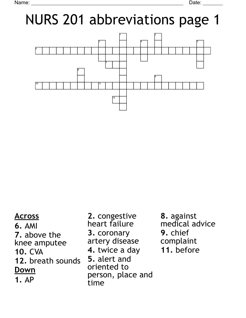 NURS 201 abbreviations page 1 Crossword