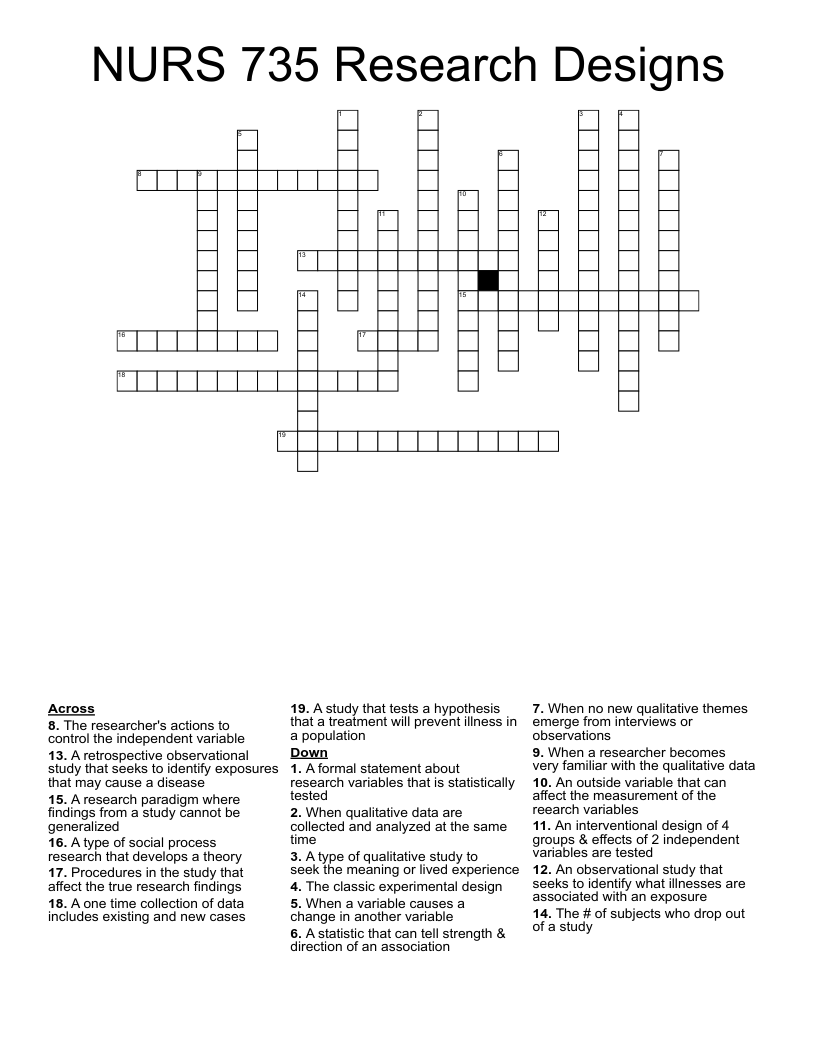 NURS 735 Research Designs  Crossword