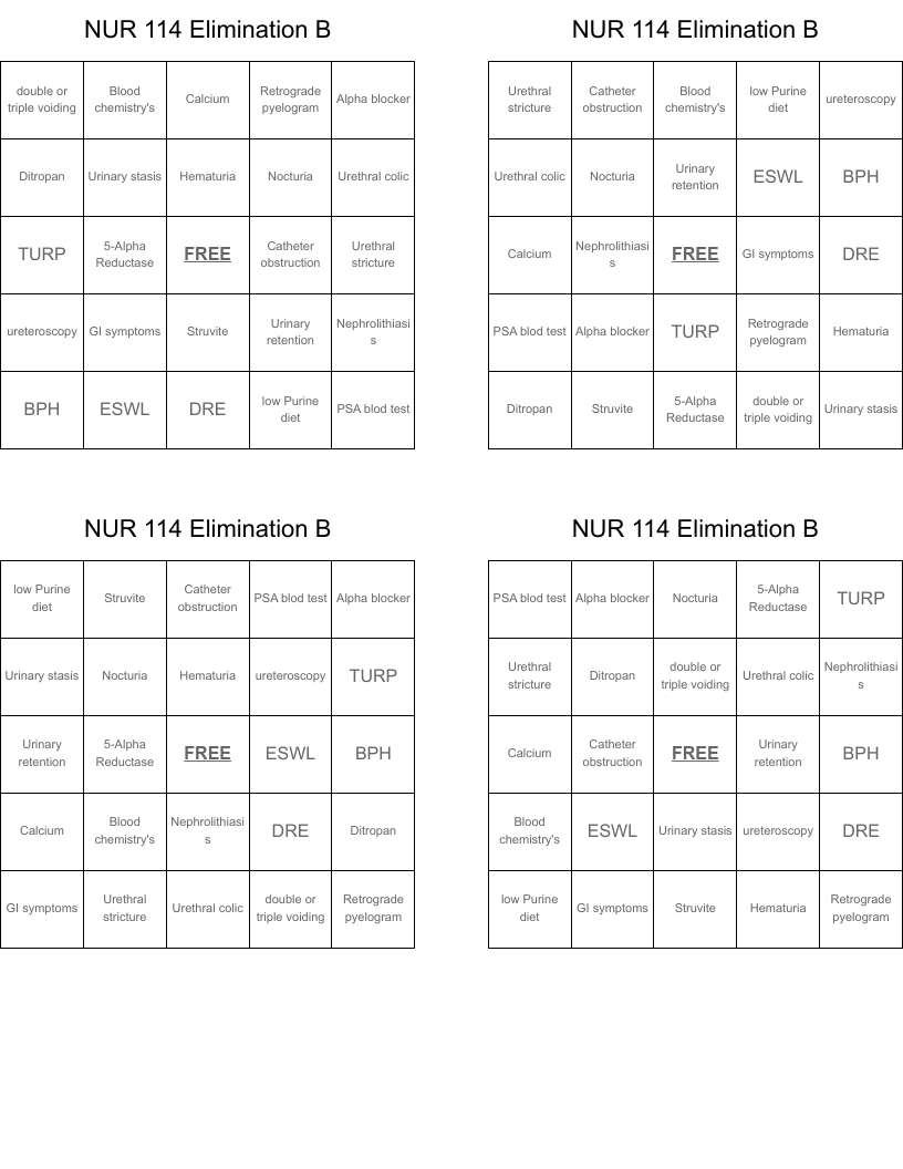 NUR 114 Elimination B Bingo Cards
