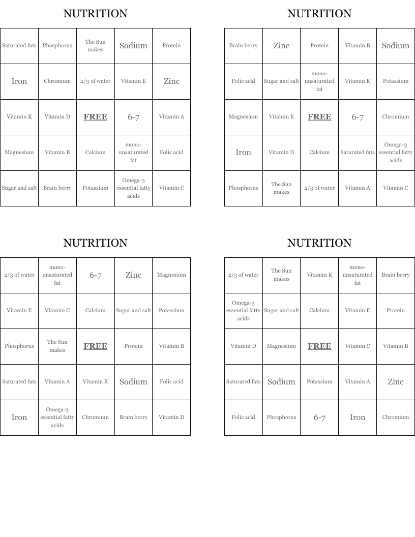 NUTRITION Bingo Cards