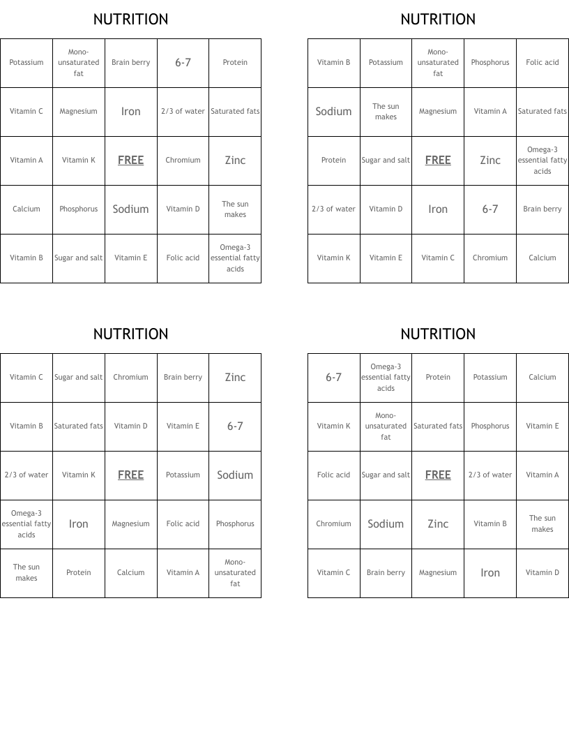 NUTRITION Bingo Cards