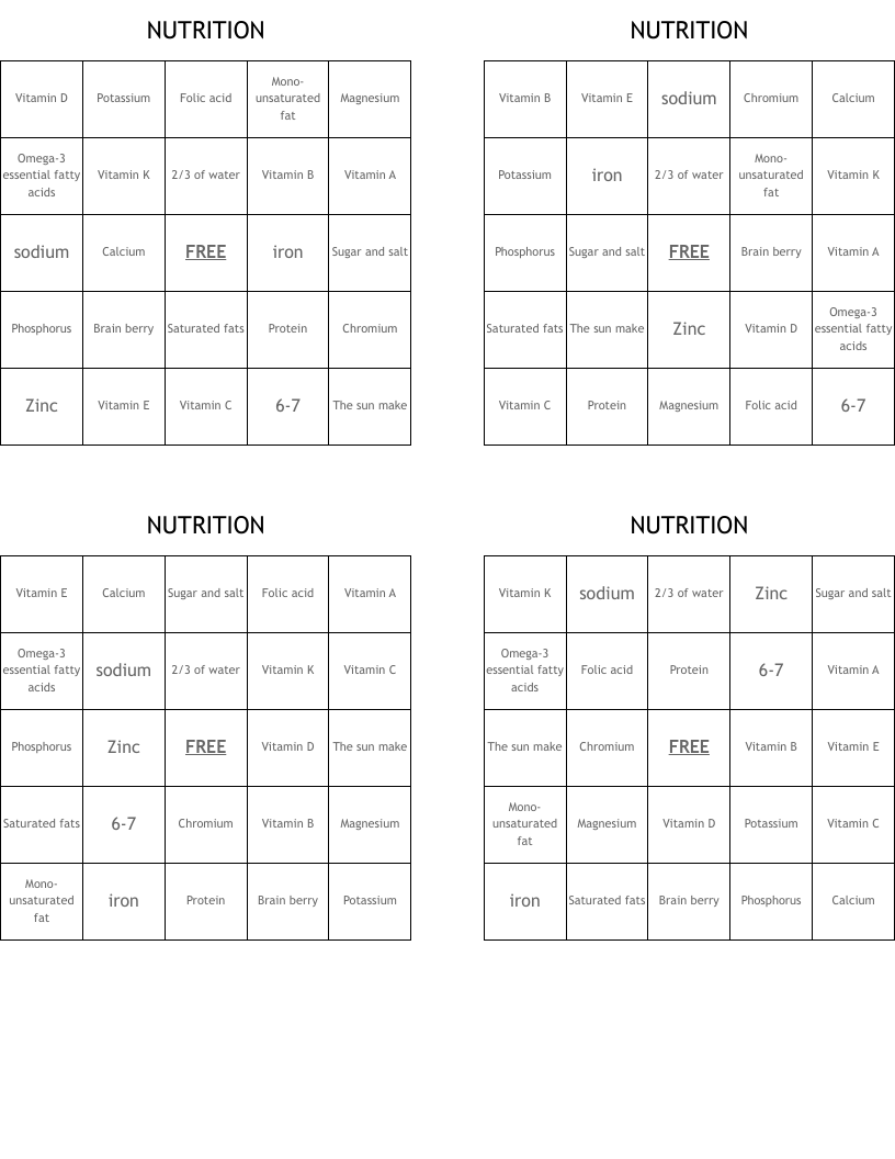 NUTRITION Bingo Cards