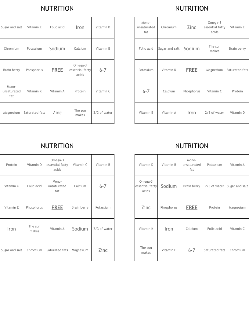 NUTRITION Bingo Cards