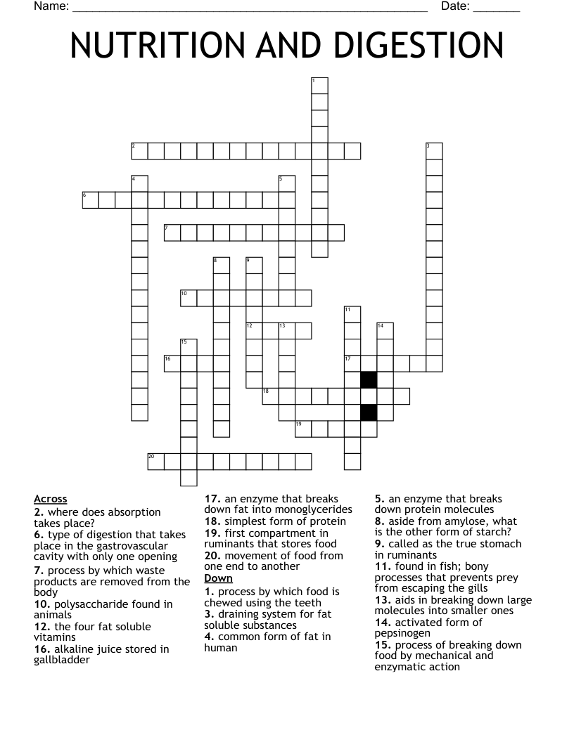 NUTRITION AND DIGESTION Crossword
