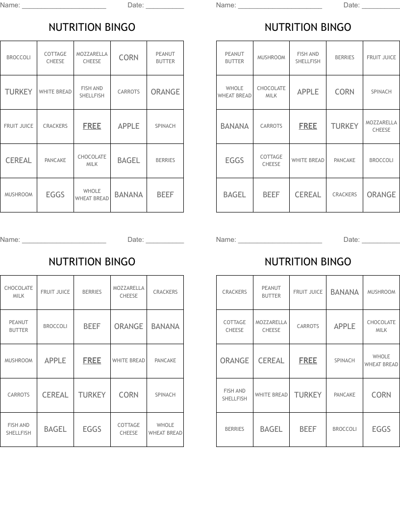 NUTRITION BINGO