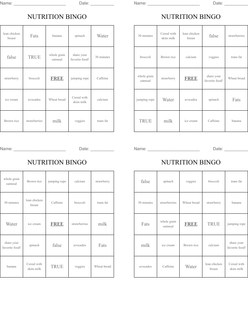 NUTRITION BINGO