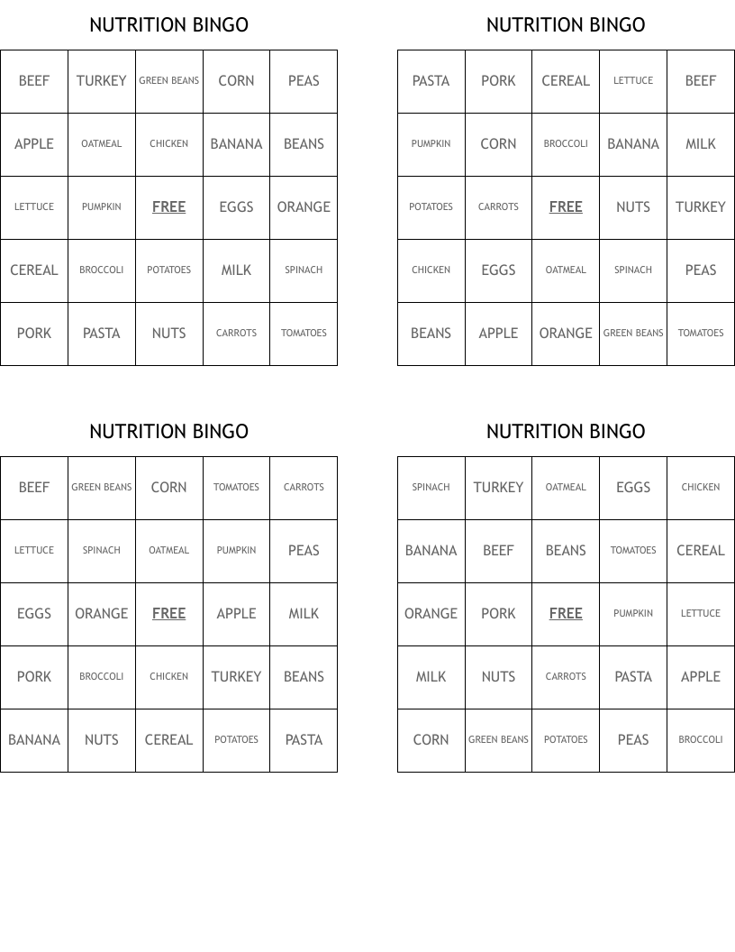NUTRITION BINGO
