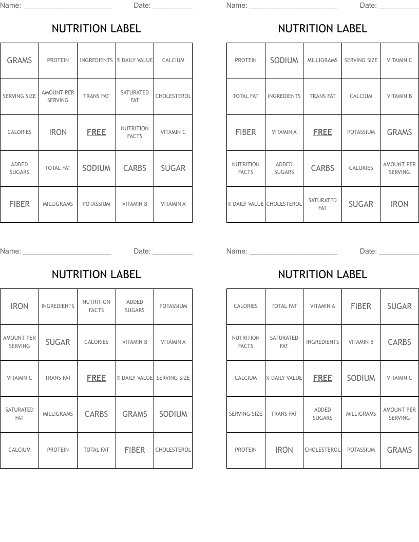 NUTRITION LABEL Bingo Cards