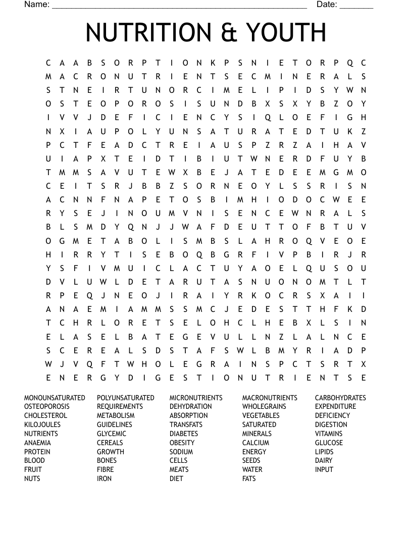 NUTRITION & YOUTH Word Search