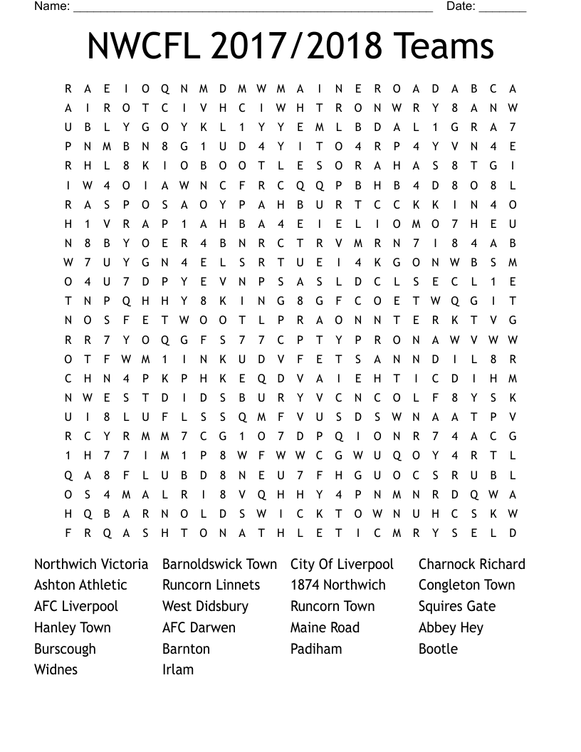 NWCFL 2017/2018 Teams Word Search