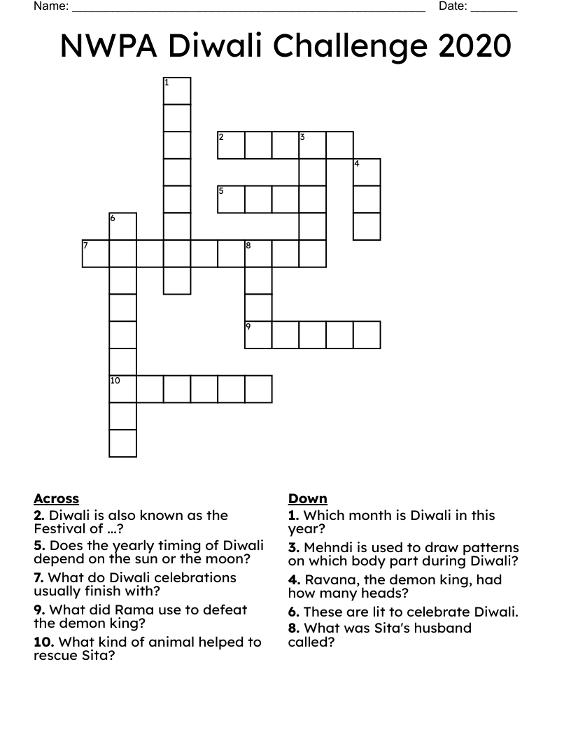 NWPA Diwali Challenge 2020 Crossword
