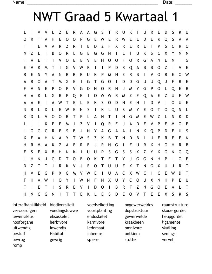 NWT Graad 5 Kwartaal 1 Word Search