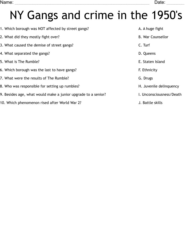 NY Gangs and crime in the 1950's Worksheet