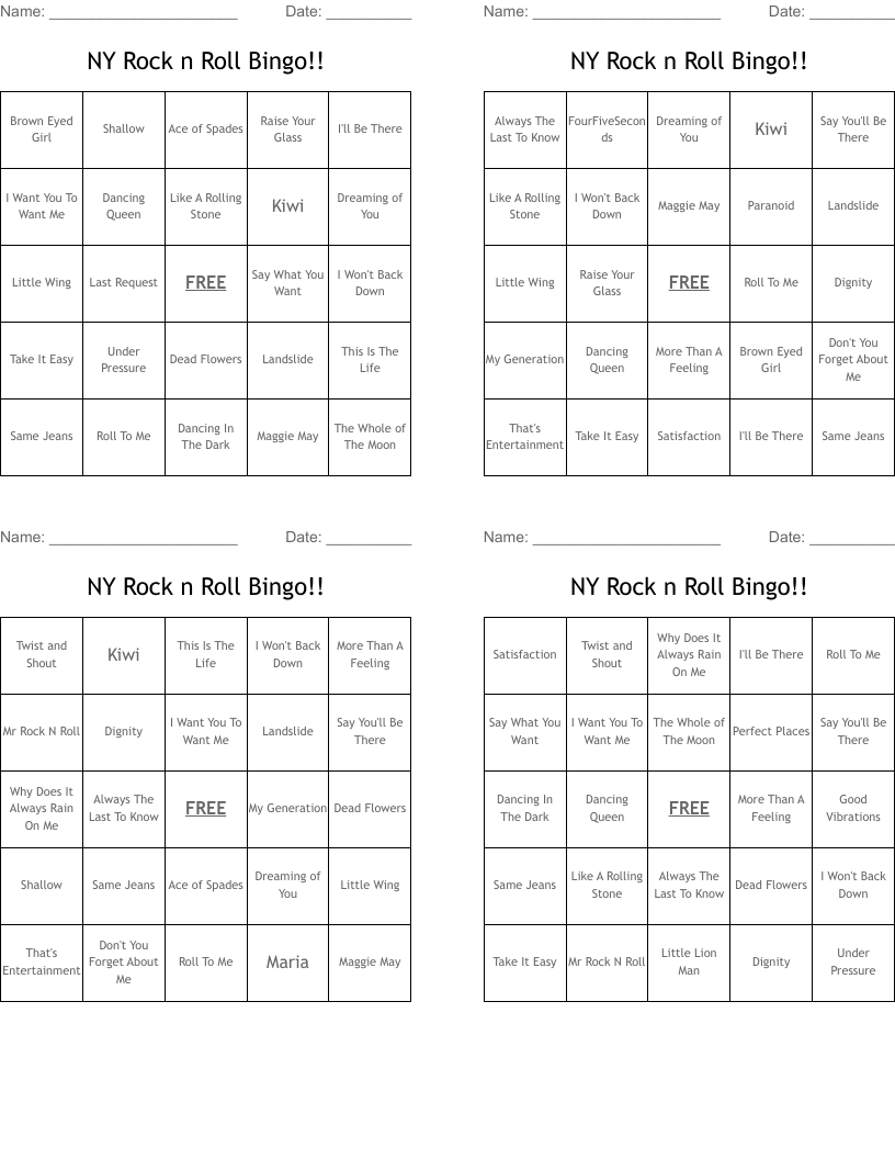 NY Rock n Roll Bingo!!