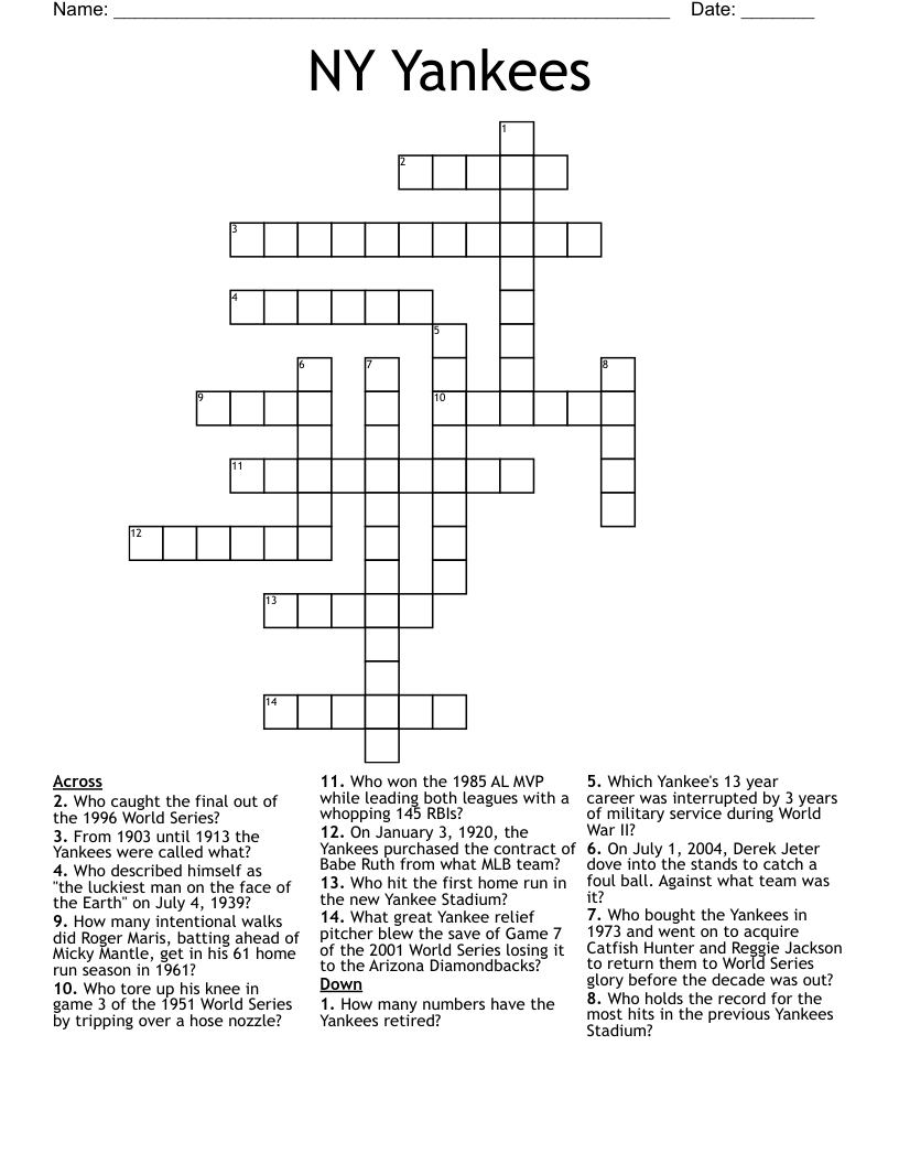 NY Yankees Crossword