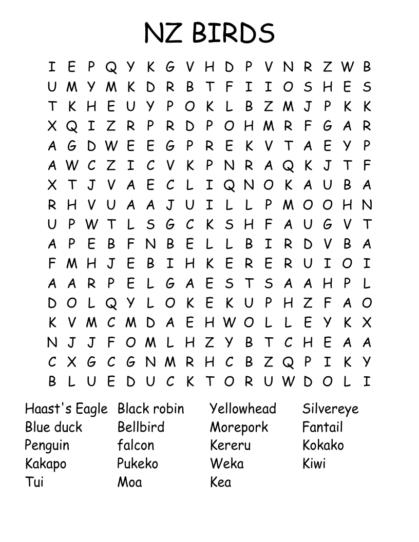 NZ BIRDS Word Search