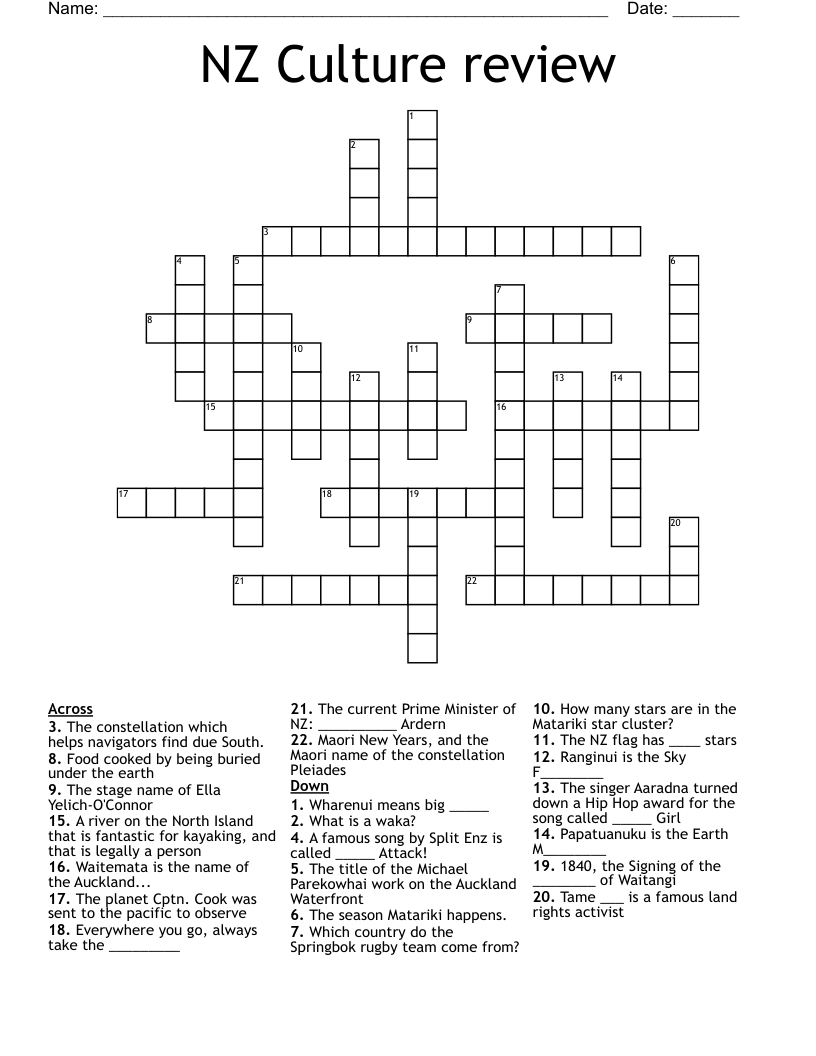 NZ Culture review Crossword