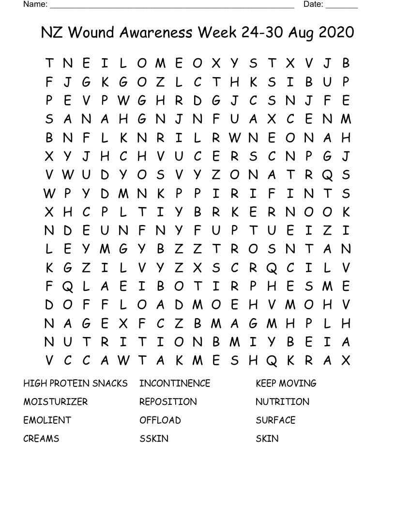 NZ Wound Awareness Week 24-30 Aug 2020 Word Search