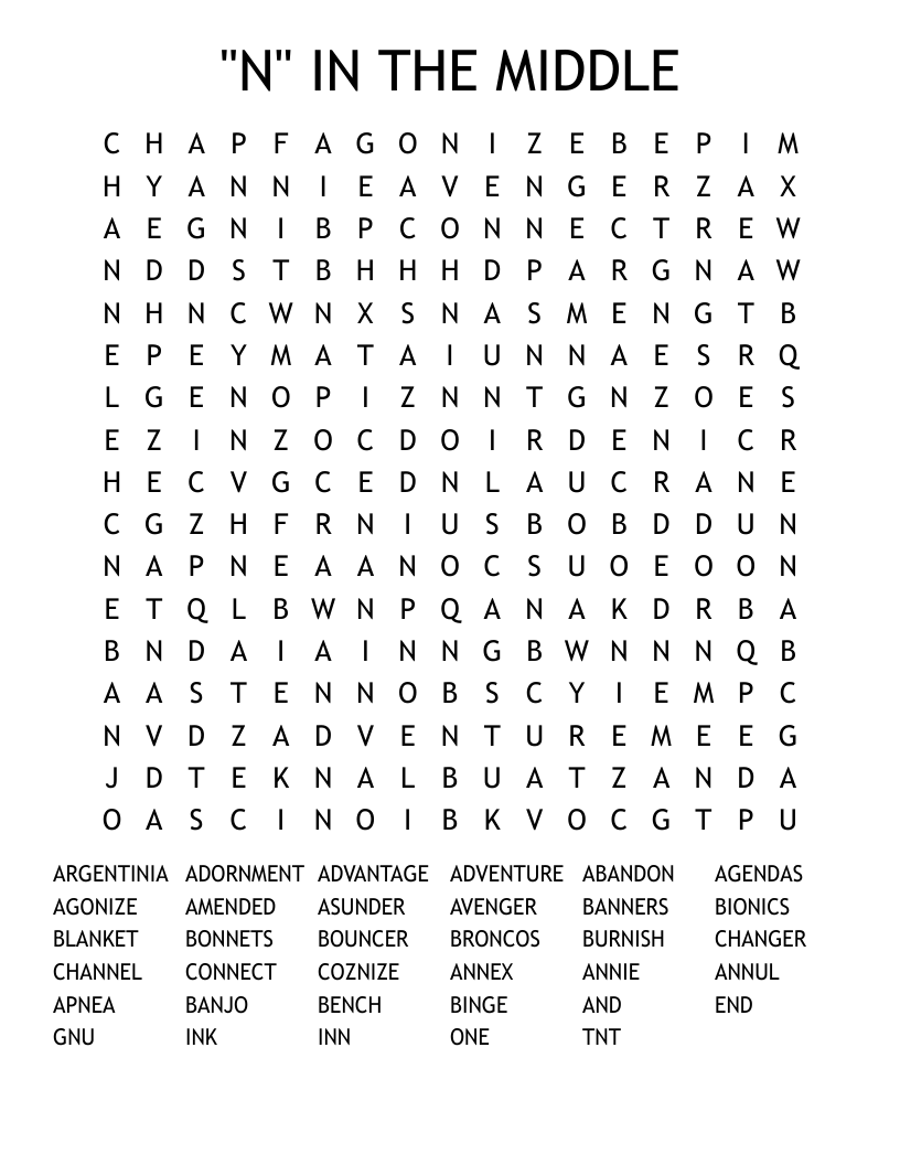 "N" IN THE MIDDLE Word Search