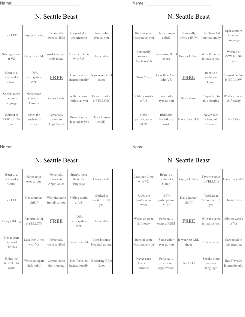 N. Seattle Beast Bingo Cards