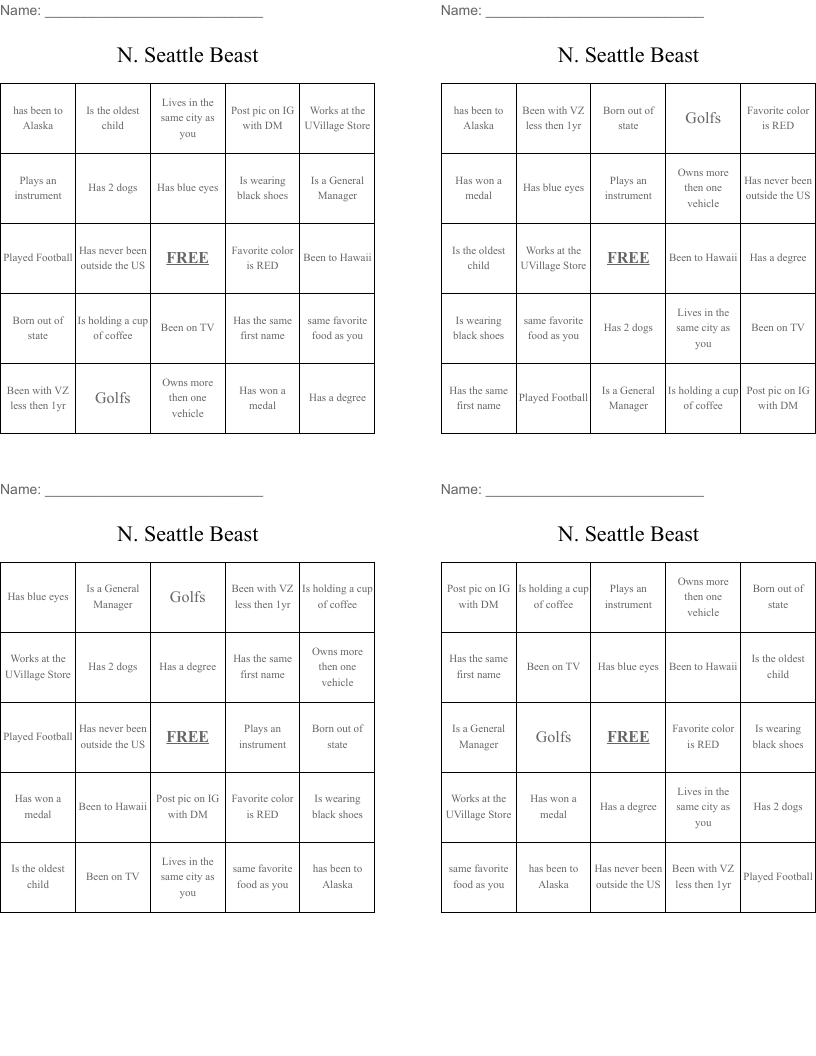 N. Seattle Beast Bingo Cards