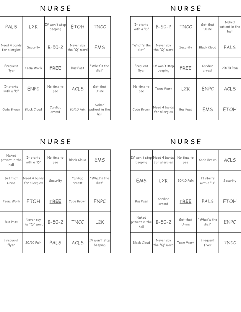 N  U   R  S   E Bingo Cards