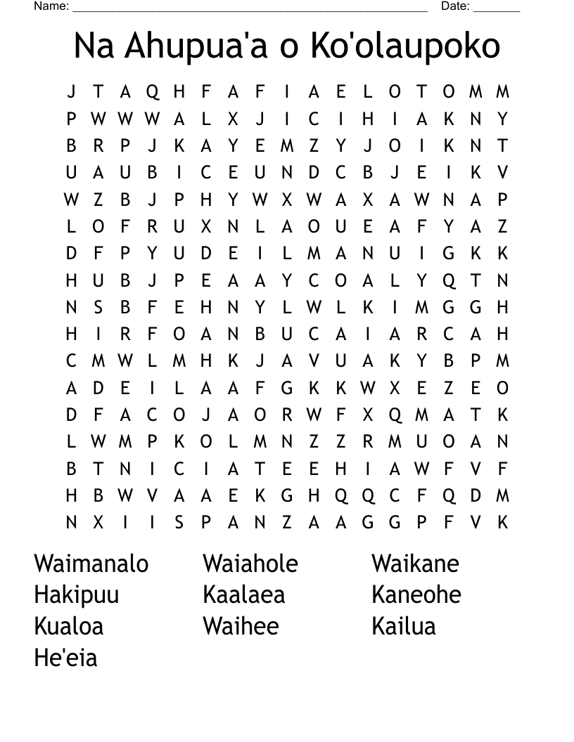 Na Ahupua'a o Ko'olaupoko Word Search