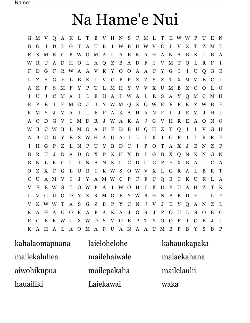 Na Hame'e Nui Word Search