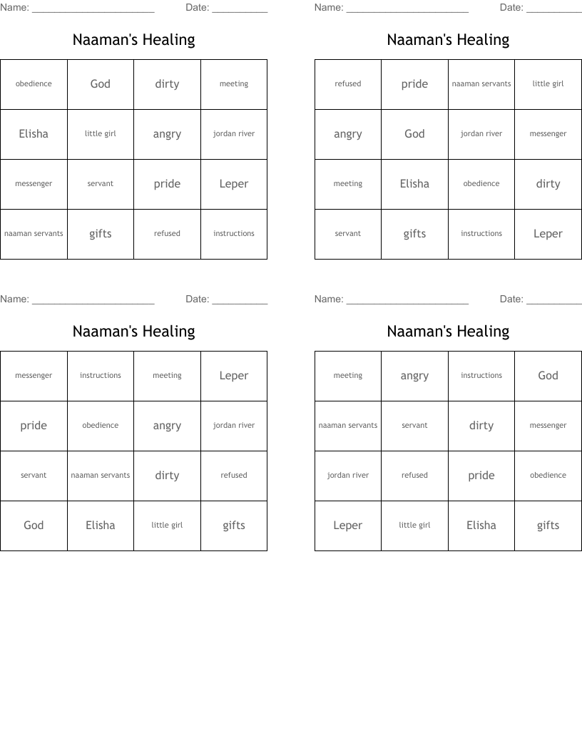 Naaman's Healing Bingo Cards