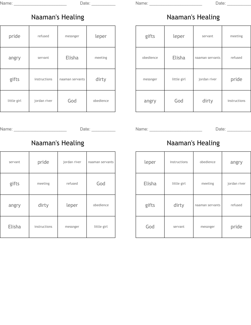 Naaman's Healing Bingo Cards