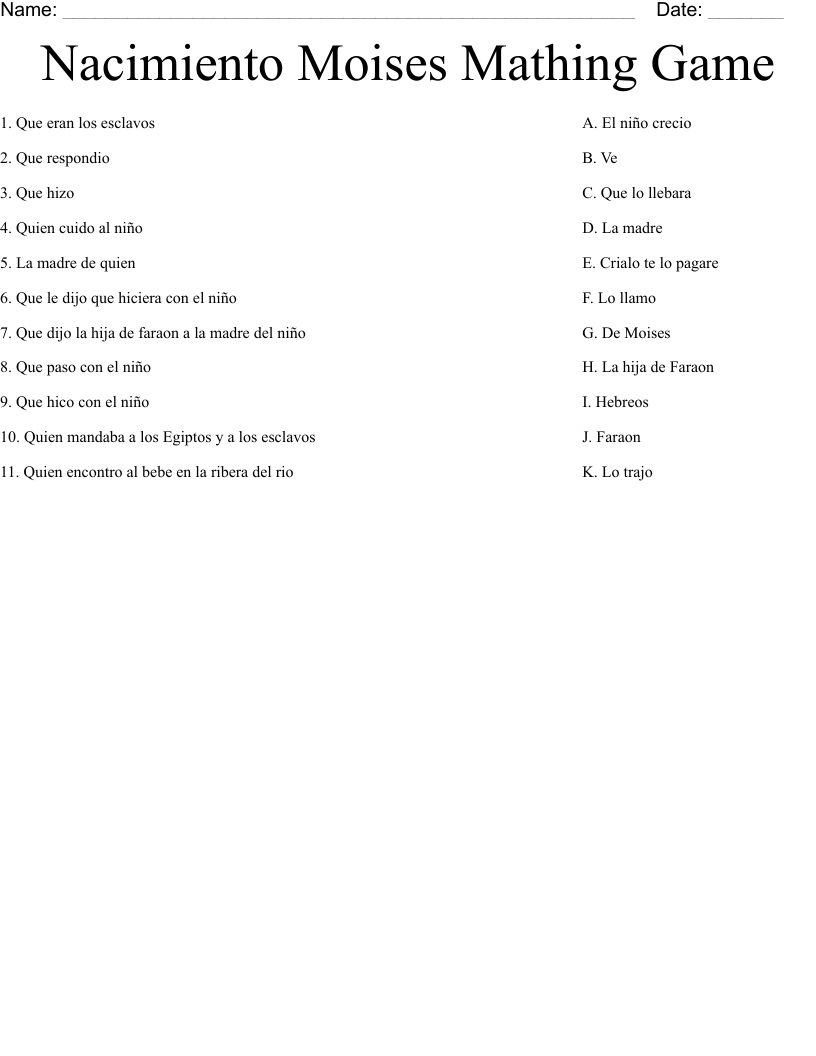 Nacimiento Moises Mathing Game Worksheet