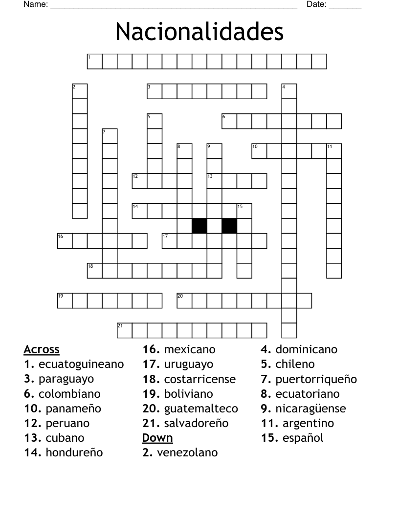 Nacionalidades Crossword