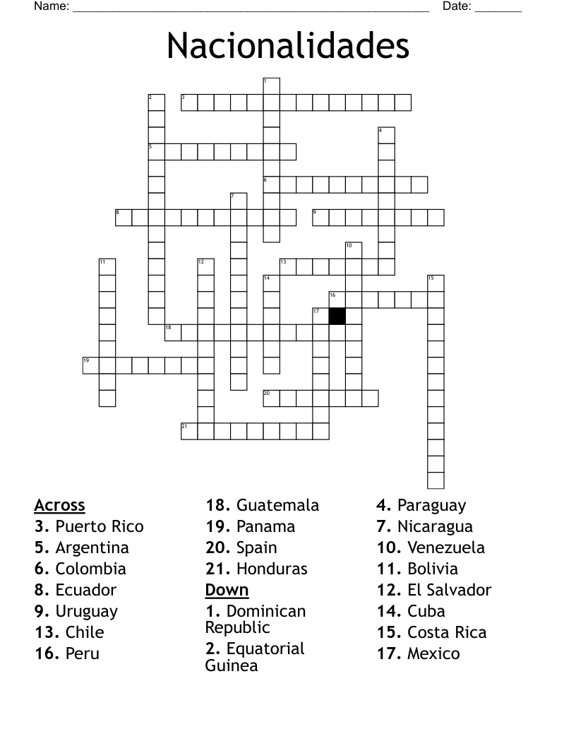 Nacionalidades Crossword
