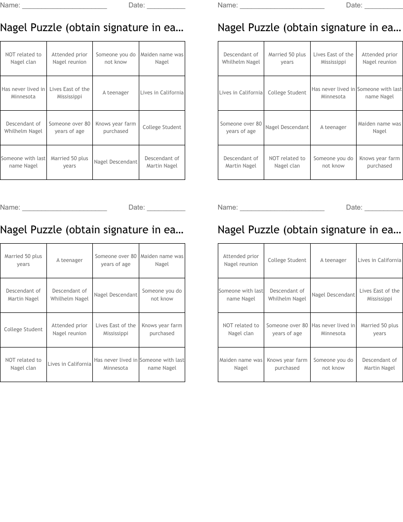 Nagel Puzzle (obtain signature in each box-cannot be you) Bingo Cards
